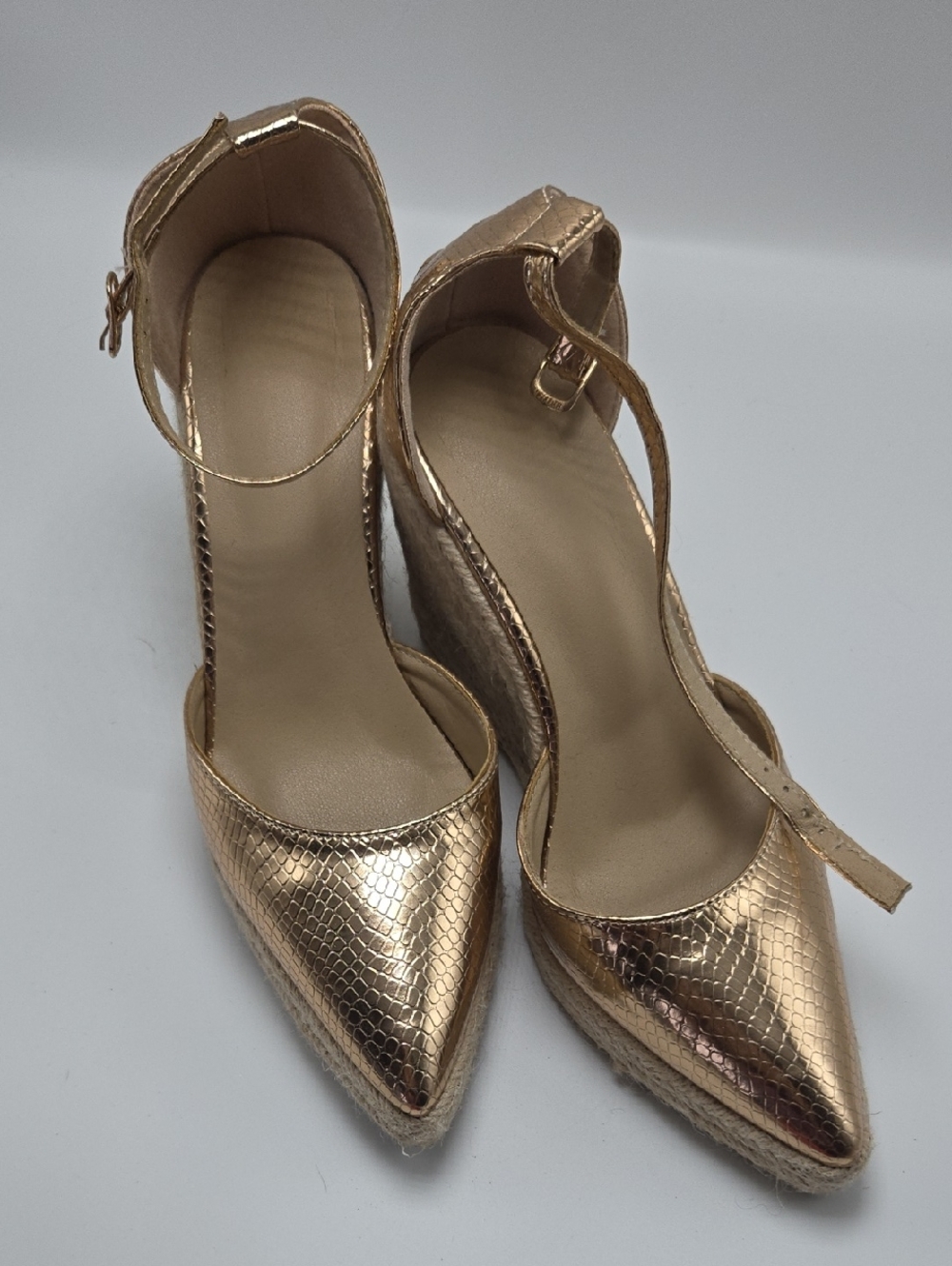 SHEIN Metallic Gold Pointed Wedge Heels with Ankle Strap